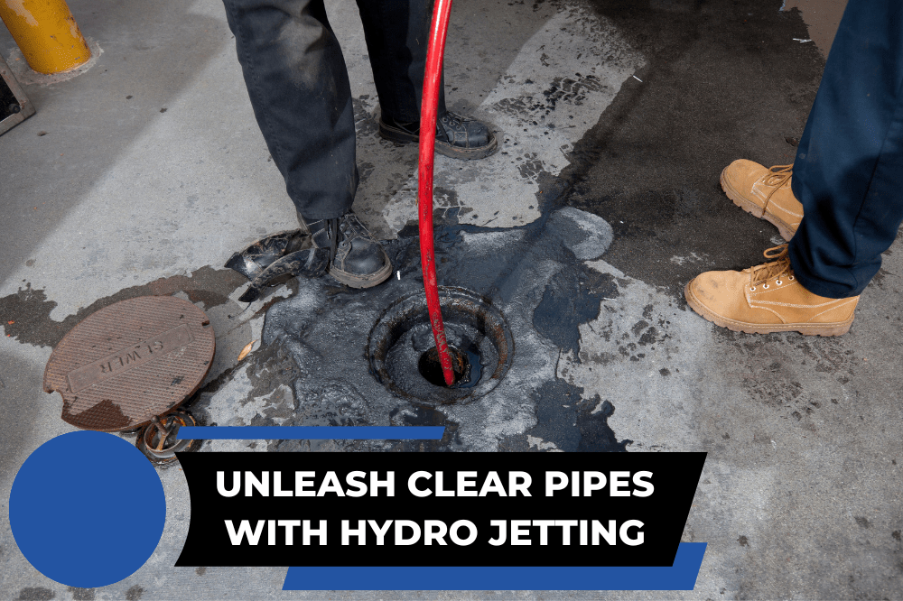 Commercial plumbers using hydro jetting equipment on a pipe