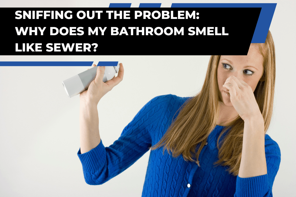 A woman spraying air freshener in her bathroom, holding her nose due to a sewer smell