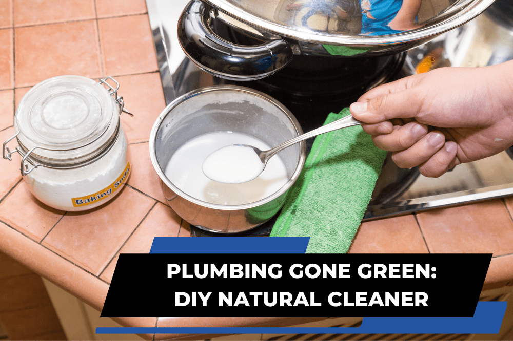Natural ingredients for homemade drain cleaner: vinegar, baking soda, and a boiling pot of water
