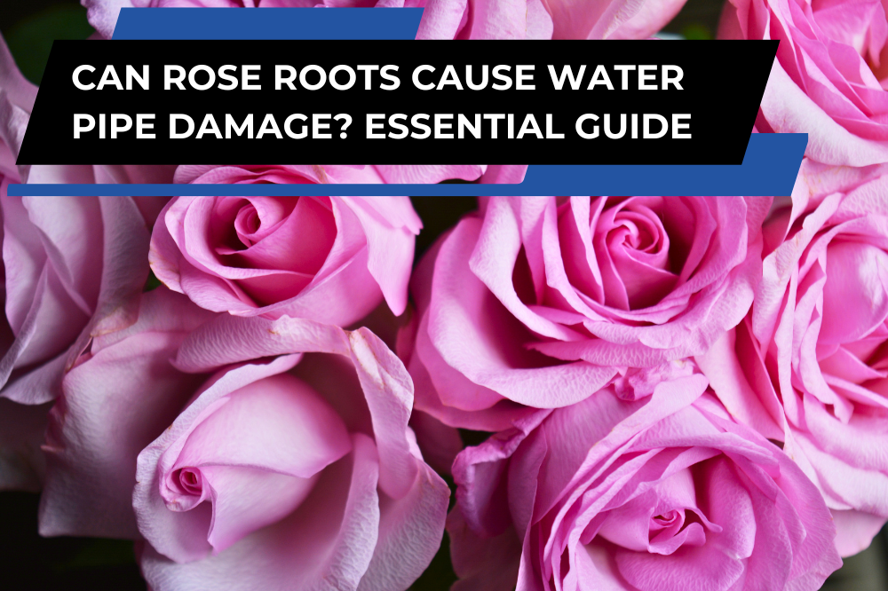 Pink rose blossoms with a black and blue banner reading “Can Rose Roots Cause Water Pipe Damage? Essential Guide.”