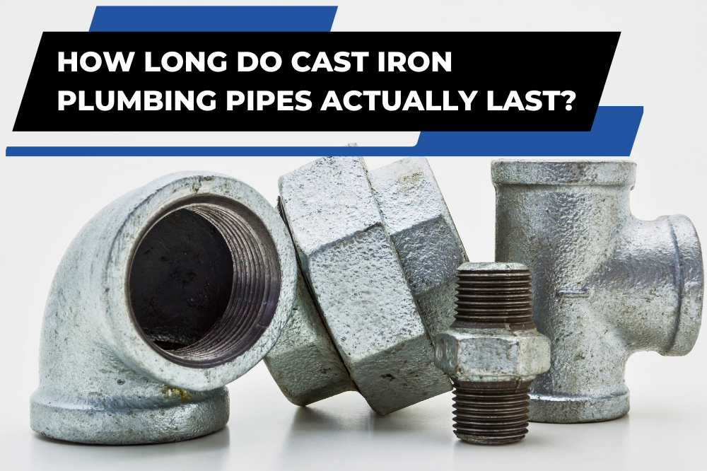 Cast iron plumbing pipe fittings and threaded connectors illustrating the topic of pipe lifespan and replacement.