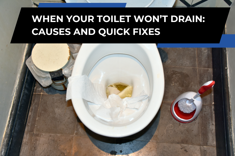 Toilet bowl containing standing water and toilet paper, illustrating a clogged toilet that won’t drain.